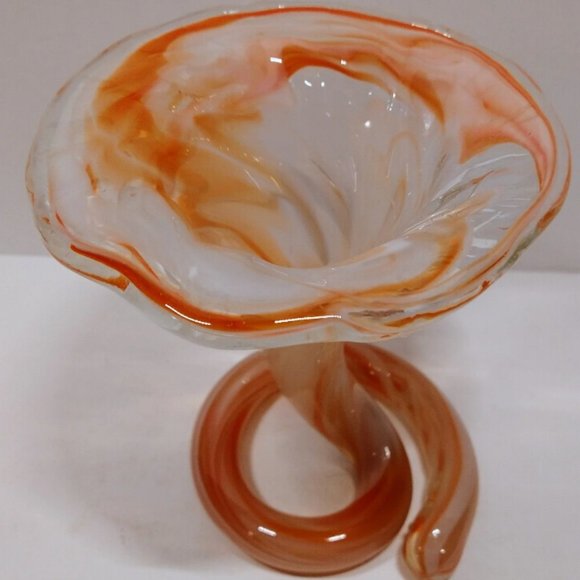 Vintage Orange, White & Clear Art Glass Tulip Trumpet Vase Swirl Coiled Base - Picture 4 of 6